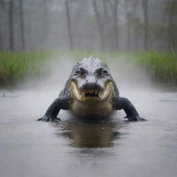 A dramatic and intense scene of an alligator displaying its full might while engaged in a fierce battle, set against a backdrop of a misty swamp.