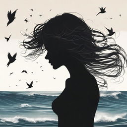 A silhouette of a handsome woman in side profile facing to the right with medium-length, flowing, windswept hair