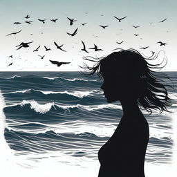 A silhouette of a handsome woman in side profile facing to the right with medium-length, flowing, windswept hair