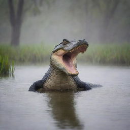 A dramatic and intense scene of an alligator displaying its full might while engaged in a fierce battle, set against a backdrop of a misty swamp.