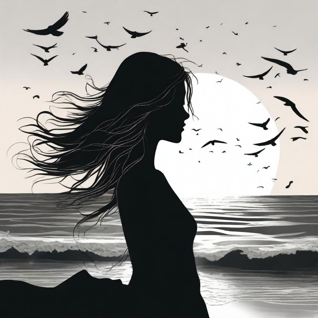 A silhouette of a handsome woman in side profile facing to the right with medium-length, flowing, windswept hair