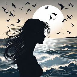 A silhouette of a handsome woman in side profile facing to the right with medium-length, flowing, windswept hair