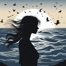 A silhouette of a handsome woman in side profile facing to the right with medium-length, flowing, windswept hair