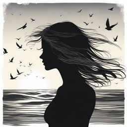 A silhouette of a handsome woman in side profile facing to the right with medium-length, flowing, windswept hair