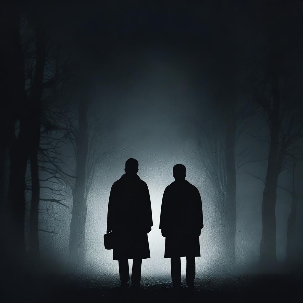 A dark-themed book cover featuring two men