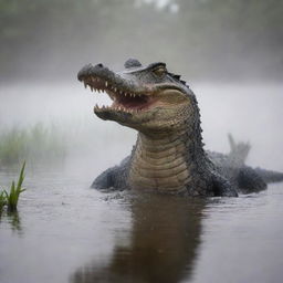 A dramatic and intense scene of an alligator displaying its full might while engaged in a fierce battle, set against a backdrop of a misty swamp.