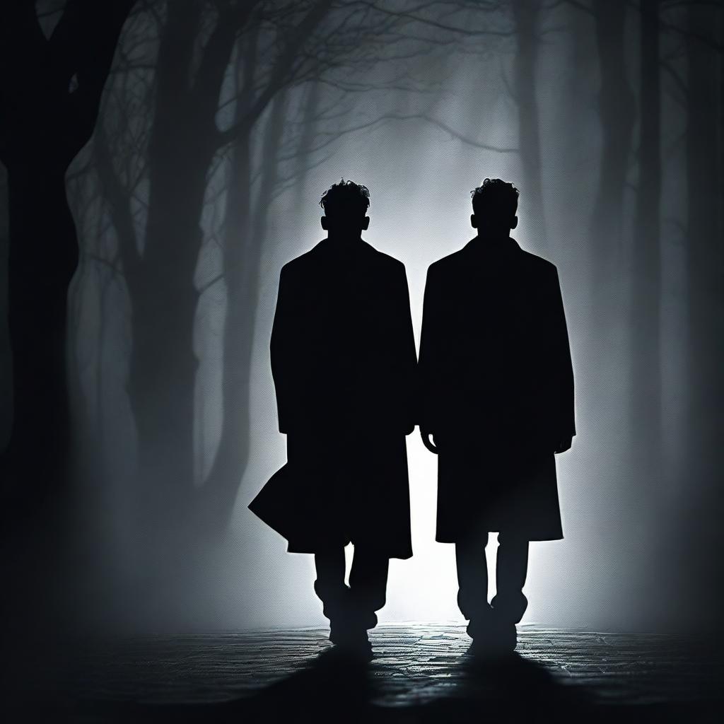 A dark-themed book cover featuring two men