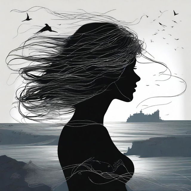 A silhouette of a handsome woman in side profile facing to the right with medium-length, flowing, windswept hair that looks like digital wiring