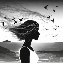 A silhouette of a handsome woman in side profile facing to the right with medium-length, flowing, windswept hair that looks like digital wiring