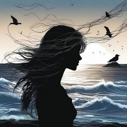 A silhouette of a handsome woman in side profile facing to the right with medium-length, flowing, windswept hair that looks like digital wiring