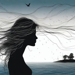 A silhouette of a handsome woman in side profile facing to the right with medium-length, flowing, windswept hair that looks like digital wiring