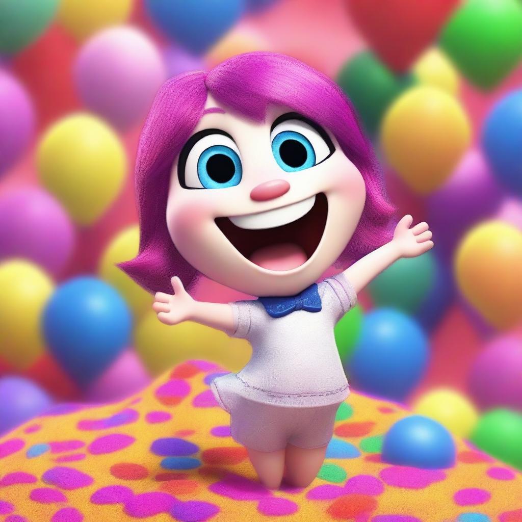 A vibrant and joyful scene where 'My Talking Angela' character transforms into 'Alegría' from the movie Inside Out