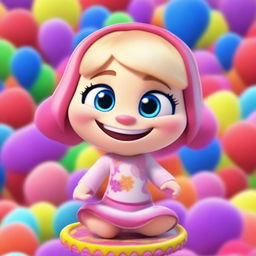 A vibrant and joyful scene where 'My Talking Angela' character transforms into 'Alegría' from the movie Inside Out