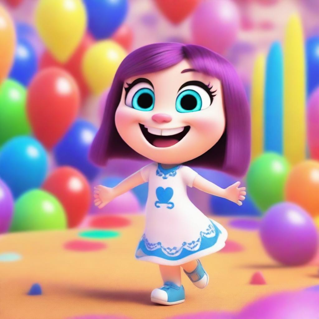 A vibrant and joyful scene where 'My Talking Angela' character transforms into 'Alegría' from the movie Inside Out