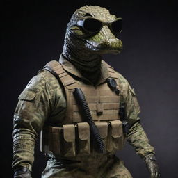 An anthropomorphic alligator in an authoritative stance wearing full tactical military gear, including a camouflage suit and night vision goggles.