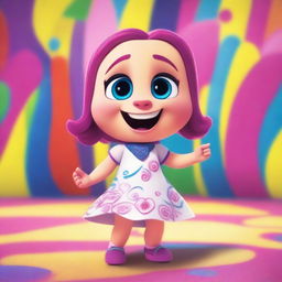 A vibrant and joyful scene where 'My Talking Angela' character transforms into 'Alegría' from the movie Inside Out