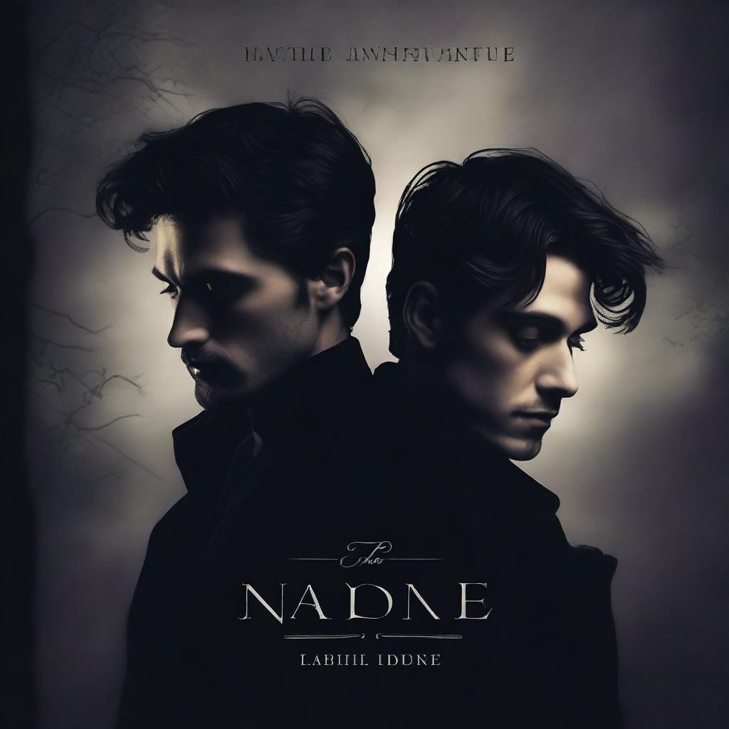 A dark-themed romantic book cover featuring two men