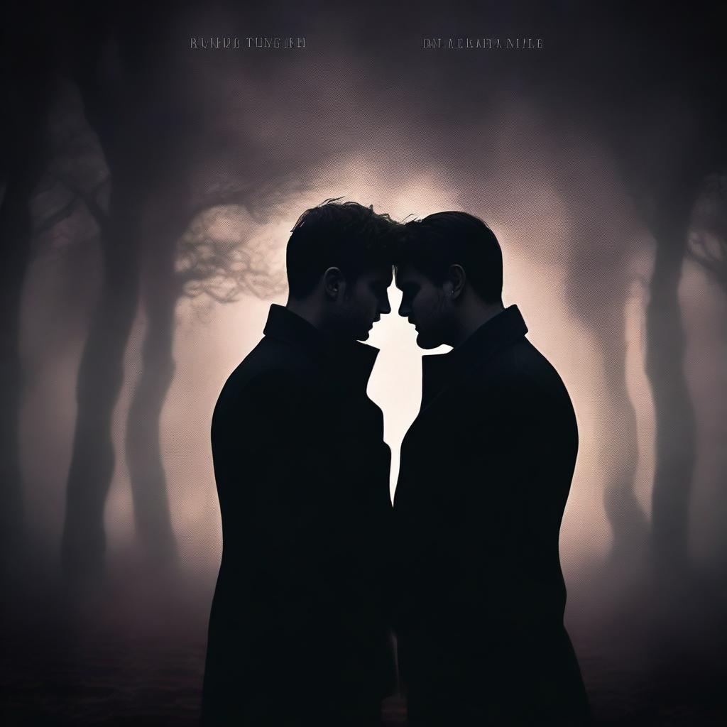 A dark-themed romantic book cover featuring two men