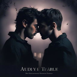 A dark-themed romantic book cover featuring two men