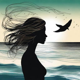 A silhouette of a handsome woman side profile facing to the right with her hair medium length, but flowing and windswept