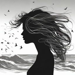 A silhouette of a handsome woman side profile facing to the right with her hair medium length, but flowing and windswept