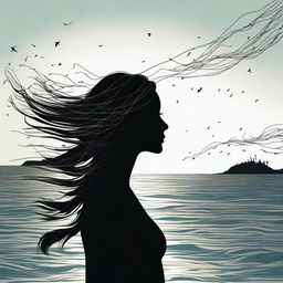 A silhouette of a handsome woman side profile facing to the right with her hair medium length, but flowing and windswept