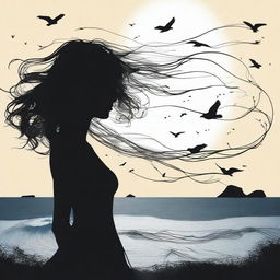 A silhouette of a handsome woman side profile facing to the right with her hair medium length, but flowing and windswept