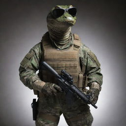 An anthropomorphic alligator in an authoritative stance wearing full tactical military gear, including a camouflage suit and night vision goggles.