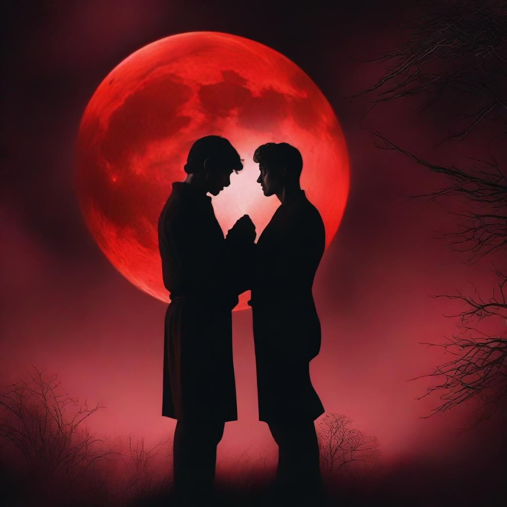 A dark-themed romantic book cover featuring two men with a large, full red moon in the background