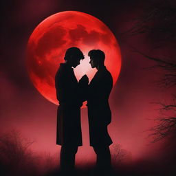 A dark-themed romantic book cover featuring two men with a large, full red moon in the background