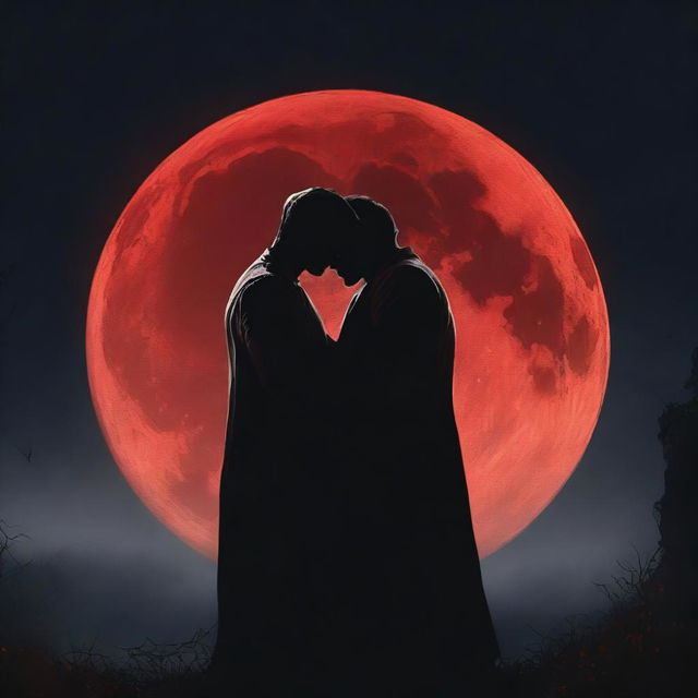 A dark-themed romantic book cover featuring two men with a large, full red moon in the background