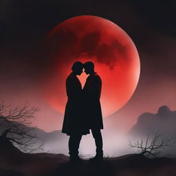 A dark-themed romantic book cover featuring two men with a large, full red moon in the background