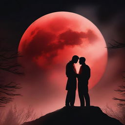 A dark-themed romantic book cover featuring two men with a large, full red moon in the background