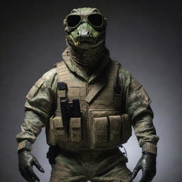 An anthropomorphic alligator in an authoritative stance wearing full tactical military gear, including a camouflage suit and night vision goggles.