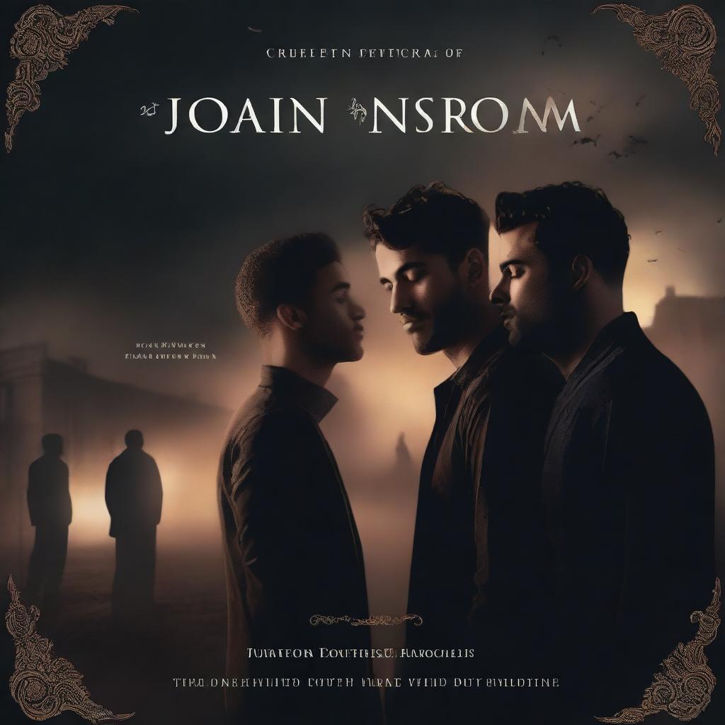 A dark-themed romantic book cover featuring two men with two different families in the background