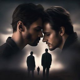 A dark-themed romantic book cover featuring two men with two different families in the background