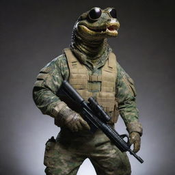 An anthropomorphic alligator in an authoritative stance wearing full tactical military gear, including a camouflage suit and night vision goggles.