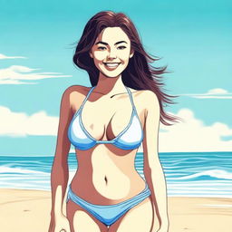 A girl wearing a bikini standing on a sunny beach with clear blue skies and gentle waves in the background