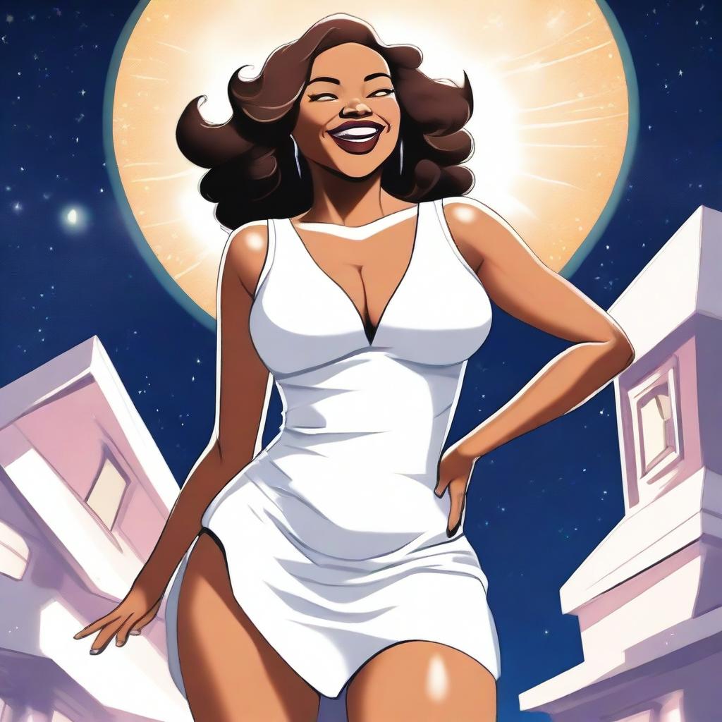 A sexy 45-year-old woman with light brown skin, large breasts, and thick thighs, wearing a sexy white dress, laughing