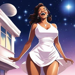 A sexy 45-year-old woman with light brown skin, large breasts, and thick thighs, wearing a sexy white dress, laughing