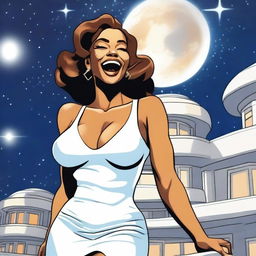 A sexy 45-year-old woman with light brown skin, large breasts, and thick thighs, wearing a sexy white dress, laughing