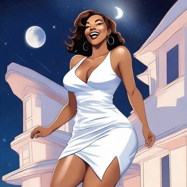 A sexy 45-year-old woman with light brown skin, large breasts, and thick thighs, wearing a sexy white dress, laughing