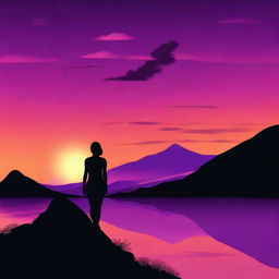 A beautiful purple and orange sunset with a black silhouetted hill