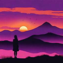 A beautiful purple and orange sunset with a black silhouetted hill