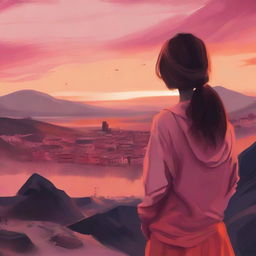 A serene scene showing the back view of a woman watching the sunset from a mountain