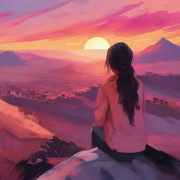 A serene scene showing the back view of a woman watching the sunset from a mountain