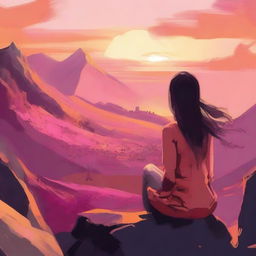 A serene scene showing the back view of a woman watching the sunset from a mountain