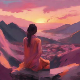 A serene scene showing the back view of a woman watching the sunset from a mountain