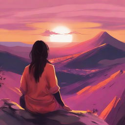 A serene scene showing the back view of a woman watching the sunset from a mountain