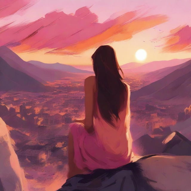 A serene scene showing the back view of a woman watching the sunset from a mountain